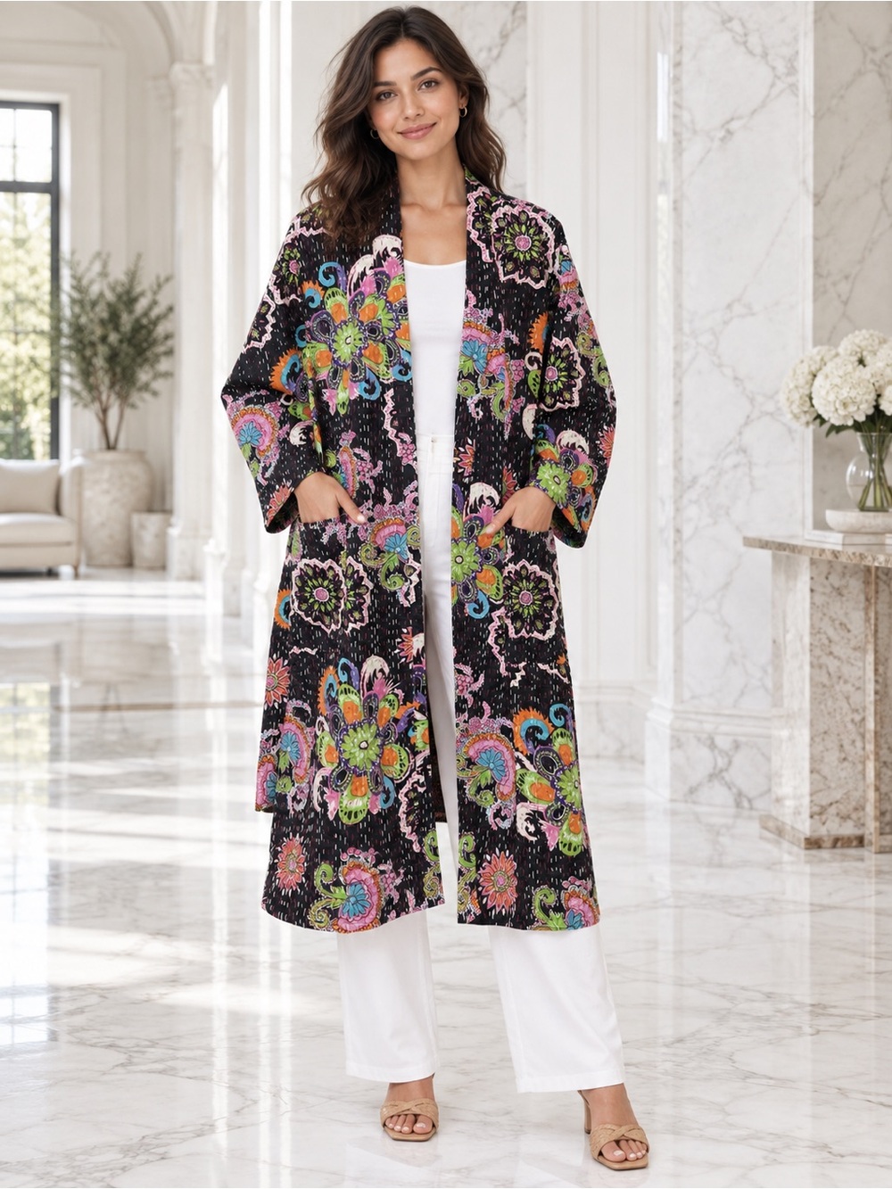 Kantha Robe Black Multicolor Floral Open Front Kimono tie